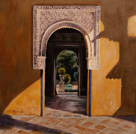 Painting of a Moorish arch at Casa de Pilatos in Seville. Entryway to a garden.