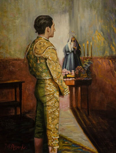 Painting of a bullfighter is praying  by an altar before a bullfight.