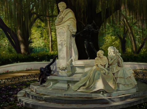 Painting of the monument in memory to romantic poet Gustavo A. Becquer at Maria Luisa park in Seville.