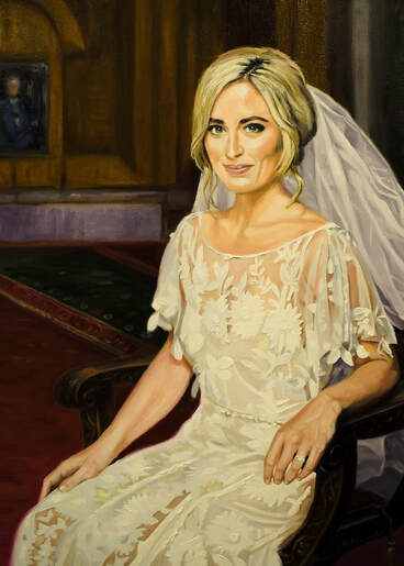 Painting of a portrait of a bride posing sitting on a wooden chair.