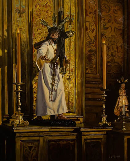 Painting, Jesus, Christ, Catholic, realism, passion, church, Seville, Spain, altar, candles, 