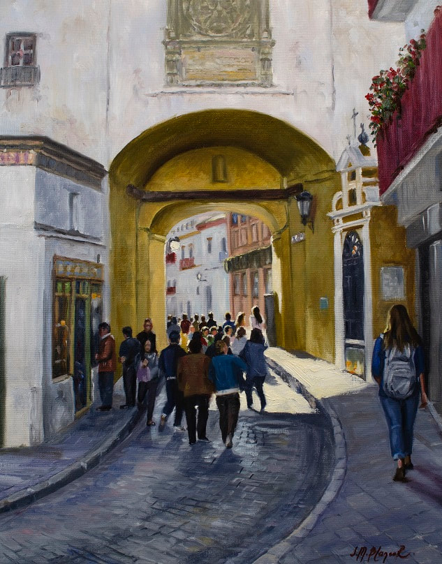 Oil, painting, arch, arco, architecture, Seville, Andalusia, Spanish, Postigo, realism, impressionism, street, scene,  people, 
