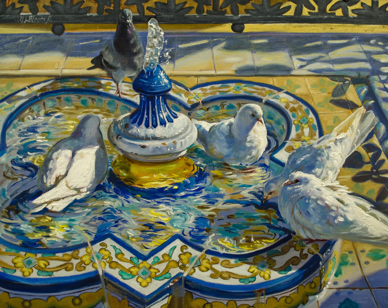 Oil painting of a group of white doves and pigeons bathing and drinking water in a ceramic tiled fountain in Seville. Realism.