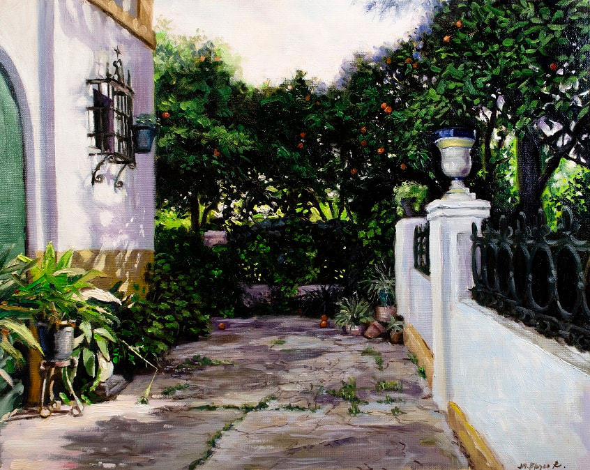 Oil, painting, patio, courtyard, Seville, Andalusia, Spanish, orange, trees, oranges, architecture,  scene,  realism, impressionism, 