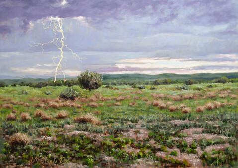 Oil painting of a  landscape in Arizona. Thunderstorm with a lightning striking the far away trees.