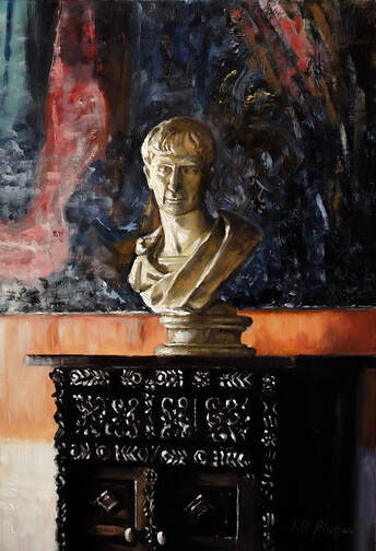 Painting of a bust of Roman Emperor Trajan on top of a mahogany sideboard.