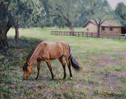 Oil painting of a horse grassing by Lakeline in Austin