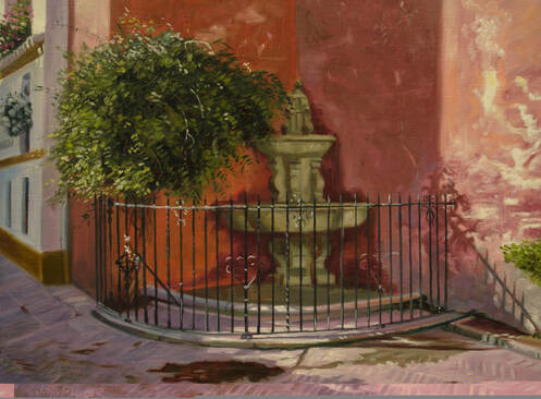 Painting of an old stone fountain in downtown Seville. A Jazmine plant is hanging over the fountain..