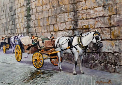 Painting of a horse driven carriage  waiting in line by the Moorish wall in Seville, Spain.
