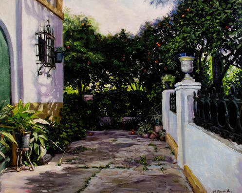 Painting of an abandoned patio in Seville surrounded by orange trees.