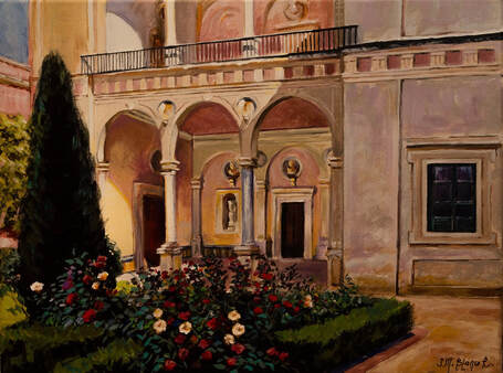 Painting of a garden with Spanish architecture.
