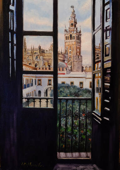 Painting of a view from a balcony of the Giralda tower.