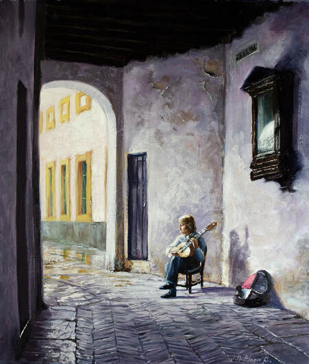 Oil painting of a flamenco guitarist playing at a famous spot in Seville, Spain.