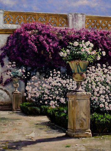 Painting of a garden with white flower and bougainvillea 