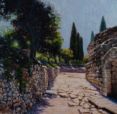 Painting of an alley around the Roman ruins of a theater  in Merida, Spain