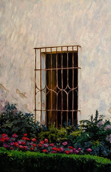 Painting of an old rusted iron window at a garden in Spain.  Roses are planted and blooming in front of it.