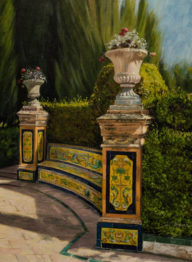 Painting of a ceramic tiled bench at the Alcazar in Seville.