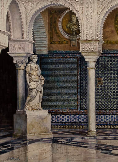 Painting of one of the statues at the Casa de Pilatos Palace in Seville.