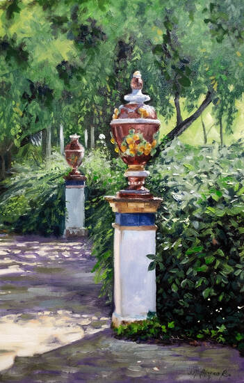 Oil painting depicting ceramics columns at Maria Luisa Park in Seville, Spain.